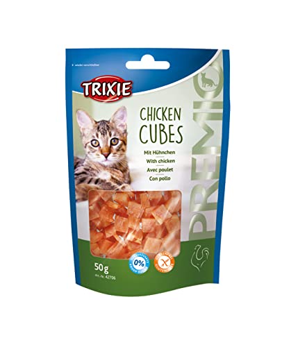 TRIXIE Premio Chicken Cubes | Doppelpack | 2 x 50g | Leckerer Katzensnack für zwischendurch | Hoher Hühnerfleischanteil von 73 % | Frei von Zusatzstoffen und Zucker | Ohne Getreide