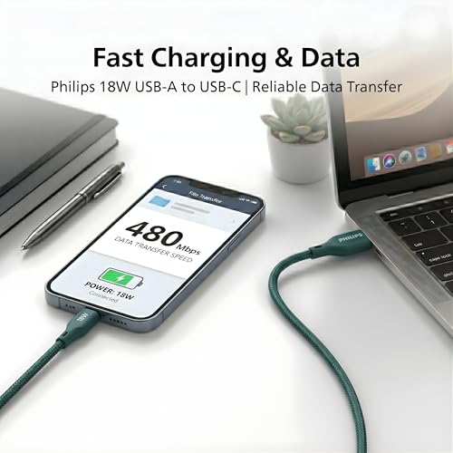 Image of PHILIPS DLC4150AT /94 18W Type-A to Type-C Fast Charging Cable (1.5m, Crystal Teal) | Nylon Braided | Compatible with iPhone 15+ Series, USB-C iPad Models, Samsung Galaxy & All Type C Devices