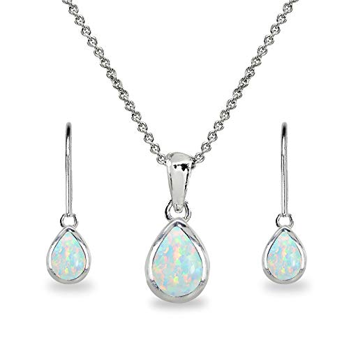 B. BRILLIANT Jewelry Sets for Women Opal Necklace and Earrings Sterling Silver Simulated White Gem Teardrop Bezel Short Pendant Necklace & Dangle Earrings