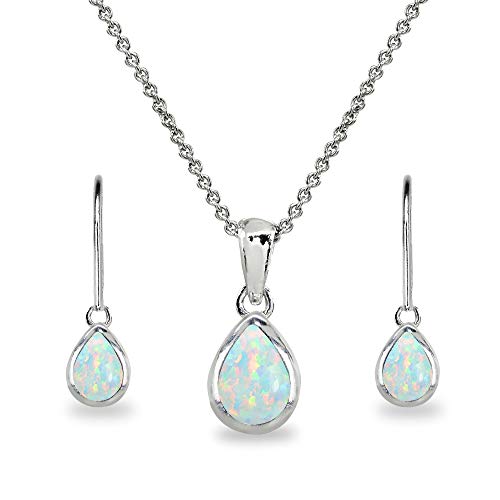 Sterling Silver Synthetic White Opal Teardrop Bezel Pendant Necklace & Dangle Earrings Set for Women Teen Girls