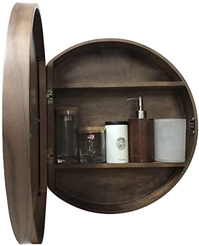 Round Wooden Bathroom Mirror Cabinet, 60cm Diameter 2-in-1 Cosmetic Storage,