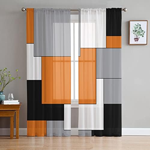 Geometric Orange Sheer Window Curtains, Black White and Gray Patchwork Rod Pocket Curtain for Living Room Mid Century Modern Window Treatment Curtain Drapes for Bedroom Kitchen, 52W” x 108L”, Set of 2