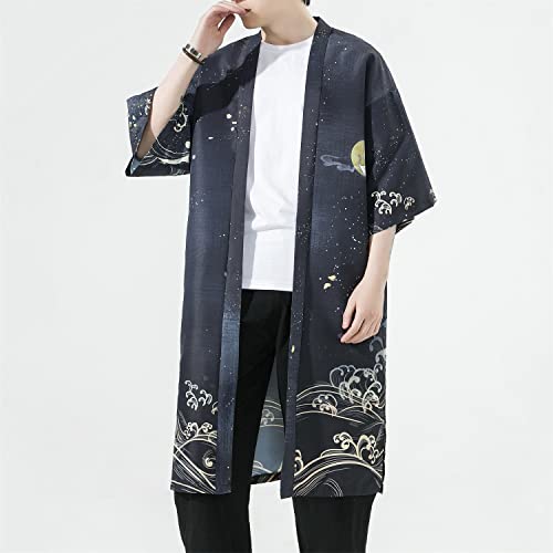 Image of Seidarise Men's Haori, Long Kimono Cardigan Jacket Japanese Style Flying Crane Seven Sleeves Open Front Coat