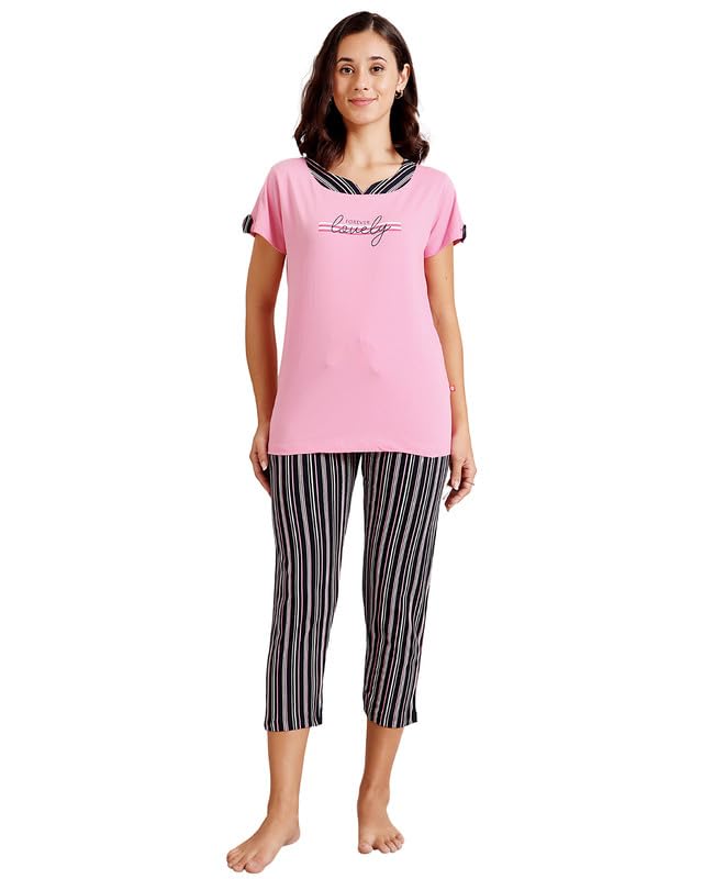 bodycare Women's Cotton Printed T-Shirt and Capri Set | Soft & Breathable Nightwear | Short Sleeves | Loungewear Co-Ord Set BSCS16030-picture-50