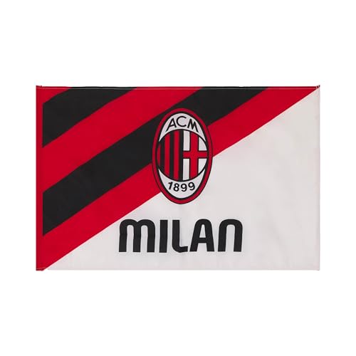 DETTAGLI: Bandiera Milan DETTAGLI - Colore: sfondo bianco con dettagli rossi e neri - Righe rossonere oblique - Logo ufficiale AC Milan - Scritta 