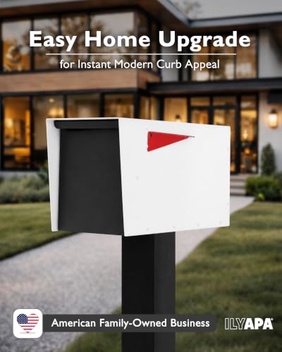 Image of Ilyapa Modern Mailbox for Post Mount - White with Black Door Powder Coated Steel, Waterproof Letter Box for Parcels, with Recessed Magnetic Close Door