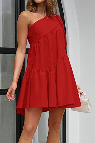 Image of KIRUNDO Summer One Shoulder Mini Baby Doll Dresses Women 2026 Casual Puff Sleeve Loose Tiered A Line Flowy Short Dress