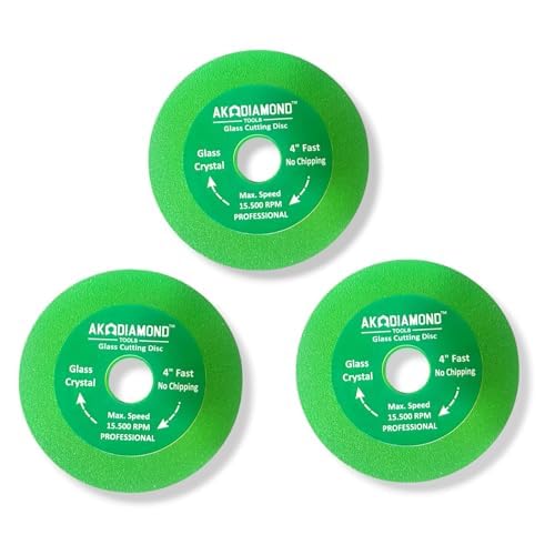 Image of AK DIAMOND Glass Cutting Disc, 4 Inch Glass Ceramic Cutting Disc for Angle Grinder, Diamond Ultra-Thin Saw Blade for Smooth Cutting, Grinding of Glass,Crystal, Wine Bottles, Tile (Green, 3 Pack)