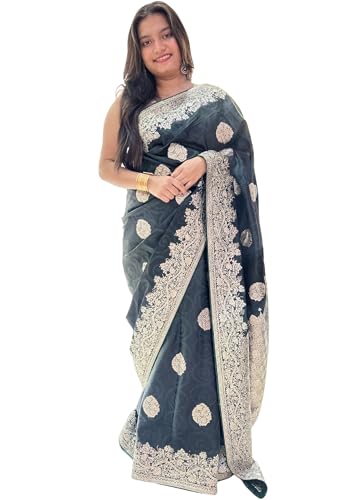 Image of Women's Banarasi Silk Georgette Saree Featuring Silver Sequin And Mirror Work
