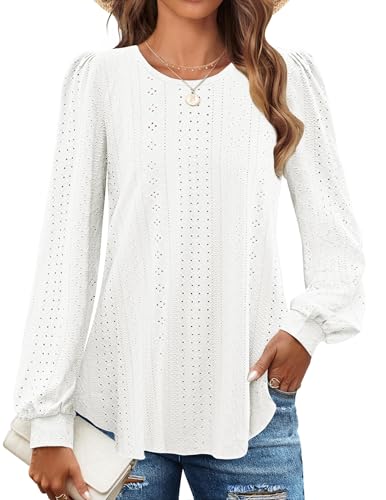 Chicrise Langarmshirt Damen Elegant Rundhals Bluse Herbst Puffärmel Lochstickerei Tunika Leicht Und Luftig Weiß Groß 42-44 L