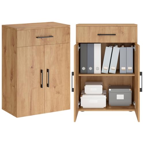 Bellamio Apol Mehrzweckschrank Eichenoptik – Büroschrank 60 cm breit – Aktenschrank aus Holz mit 1 Schublade & 2 Fächern – Bücherregal für Flur/Büro/Wohnzimmer – Aufbewahrungsschrank 88 cm hoch