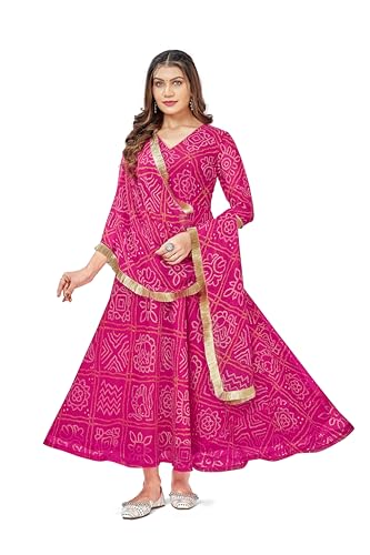 VIHARA THREADS Women's Bandhani Print Anarkali Kurta with Matching Dupatta, Ethnic Indian Wear
