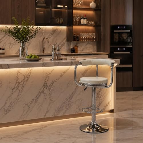 Image of Kemon Modern Adjustable Swivel Bar Stool Chair with Backrest, PU Leather Hydraulic Counter Stool with Footrest for Kitchen Island, Cafe & Home Bar (1, White, Round Barrel Stool)