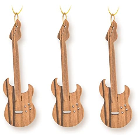 Electric Guitar Christmas Ornament, Bulk Pack of 3 Olive Wood Seasonal Decorations for Music Lovers & Band Members, Small Wooden Xmas Tree Holiday Hanging Ornaments, Made in Bethlehem, Israel Cover
