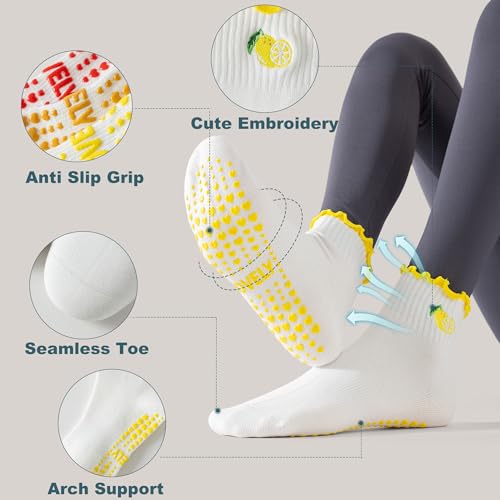 Image of BISOUSOX Pilates Socks Cute Grippy Socks Woman, Ruffle Frilly Grip Ankle Lettuce Dress Yoga Non Slip Sock Size 5 7-9