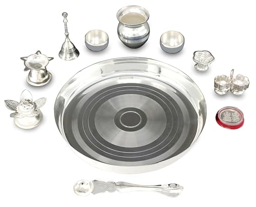 BENGALEN Silver Plated Pooja thali Set 8 Inch with Plate Kalash Bowl Agarbatti Stand Palli Diya Kumkum Stand Coin Ghanti Puja Thali for Diwali Home Mandir Office Wedding Return Gift Items
