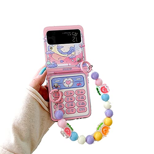 Pink Girly Case for Galaxy Flip 4, Retro Design Phone Key Moon and Love Case for Z Flip 4, Cute Women Case for Samsung Galaxy Z Flip 4 with Color Beads Strap