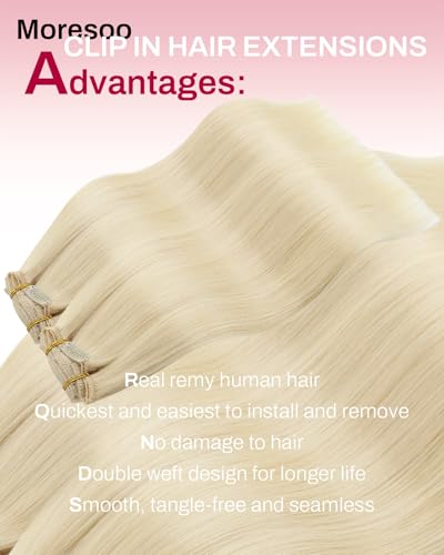 Image of Moresoo Blonde Hair Extensions Clip ins Light Blonde Long Human Hair | Clip in hair extensions human hair, light blonde, 24 inch 120g 7pcs for soft straight long styles
