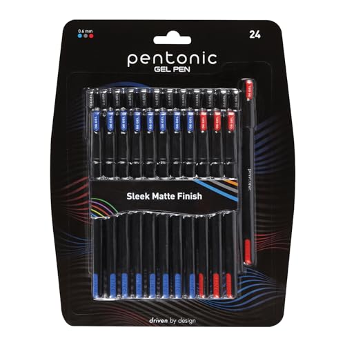 Pentonic Gel Pens, 24 Count, Assorted Colored Ink (12 Black, 8 Blue, 4 Red), 0.6 mm Fine Point, Smooth Writing For Journaling & Notetaking (1002354)