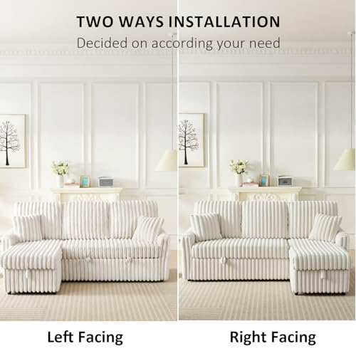 Image of KCGKCG 81 inch Sleeper Sofa Bed with Storage Chaise & USB Charging, Plush Corduroy L-Shaped Pull Out Couch Bed, Sectional Couches for Living Room with Cup Holder, Side Pocket(Beige)