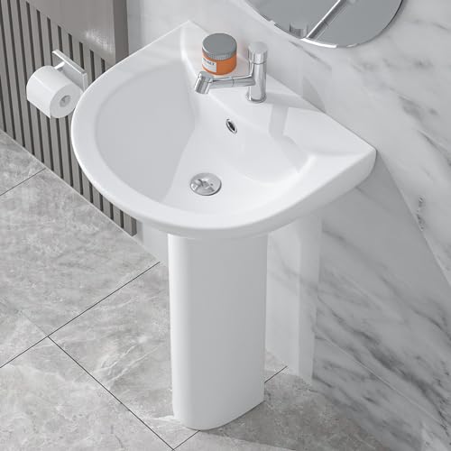HOMLYLINK Pedestal Sink 20 Inch x 17 Inch, Small Bathroom Pedestal Sink, Porcelaine Pedestal Sink, Pure White Pedestal Sink, Bath Pedestal Sink Combo for Bathroom,w 1 Overflow Hole & 1 Faucet Hole