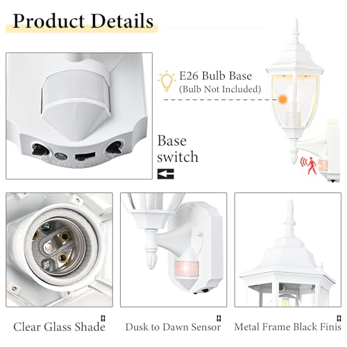 Image of Porch Lights Outdoor Motion Sensor Wall Sconce Anti-Rust Aluminum, Exterior Outdoor Wall Lights Dusk to Dawn Porch Light Fixture Wall Mount for House Outside Patio 2Pack White
