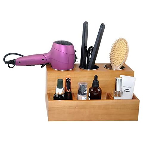 Spiretro Hair Tools Organizer - Wood Tan - Blow Dryer, Straightener, Curling Wand, Brushes Holder - Vanity & Bathroom Storage - Wall Mount or Sit on Counter Cover