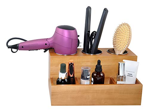 Spiretro Hair Tools Organizer, Hair Dryer Care Styling Straightener, Flat Iron, Curling Wand, Brushes Holder, Caddy Storage for Vanity & Bathroom, Wall Mount or Sit on Counter, Solid Wood in Tan - Thumbnail 6