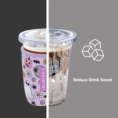 Image of 3 Pack Reusable Sleeve for Iced Coffee Cup, Coffee Neoprene Sleeve for Iced&Hot Drinks, Coffee Sleeve Compatible with Starbucks, Dunkin Coffee Cup. (Halloween Boo)