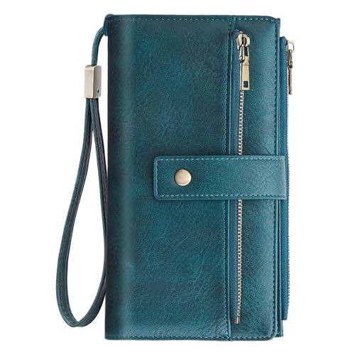 NEWIROVE Cartera Mujer Grande Monedero Piel PU Vintage Billetera con Cremallera Y Correa Extraíble RFID Carteras De Mujer con 24 Ranuras para Tarjetas Regalos para Mujer Señoras, Azul Pavo