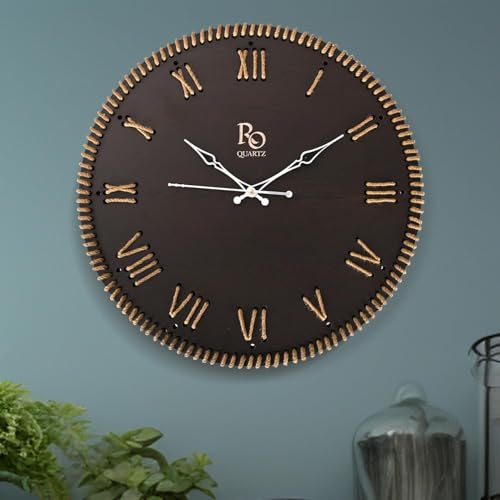 Image of Wooden Round Shape Roman Dial Wall Clock with Golden Jute Detailing and Silver Hands | Silent Quartz Movement Anti Reflection Analog Vintage Clock for Office and Home (Black, 15.5 Inch)