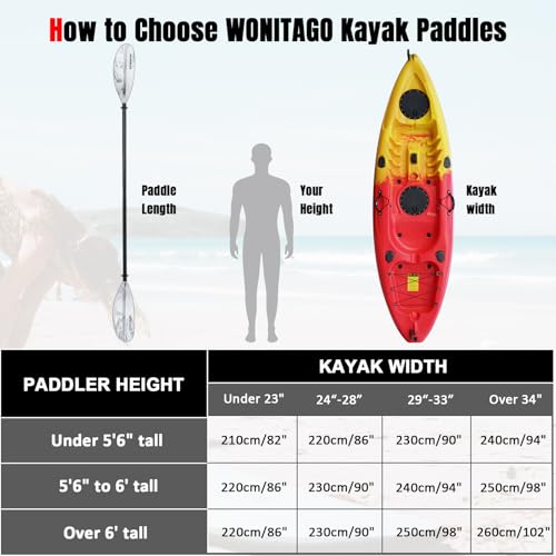 WONITAGO Kayak Paddles with Aluminum Shaft and Reinforced PP Blade, Floating Kayaking Oars, 2 Piece, 230 cm/90 in, White&Black - Thumbnail 6