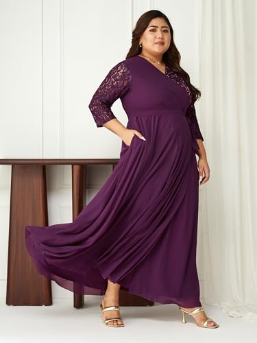 Image of Miss Chase A+ Women's Floral Printed Relaxed Fit V -Neck 3 /4Th Sleeve Georgette Maxi Dress