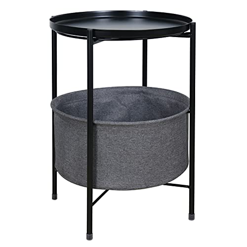 24" Nursery Round End Side Table with Fabric Storage,Small Side Table with Recessed Tabletop,Bedside Table for Living Room,Bedroom,Nursery, Black