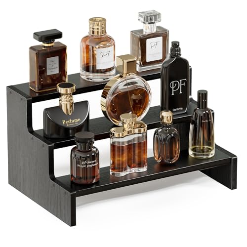ProCase Wooden Cologne Organizer for Men, 3 Tier Perfume Organizer, Mens Cologne Stand Holder Storage, Display Riser Shelf Rack for Fragrances Candles Cosmetics Cupcake Figure Spice -Black B