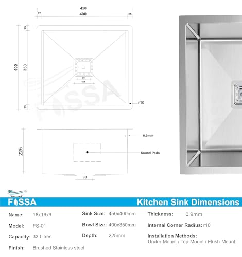 Image of Fossa 18 inchx16 inchx9 inch Single Bowl Handmade Kitchen Sink, Premium Stainless Steel, Durable Rust Resistant Design, Scratch & Stain Proof, Spacious Modern Kitchen Sink - Silver (Matte Finish)