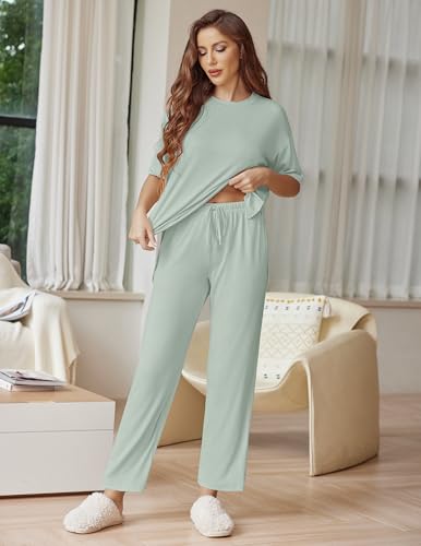 Image of Ekouaer Lounge Sets for Women Short Sleeve Tops and Long Pants Soft Comfy Pajamas Set 2 Piece Outfits