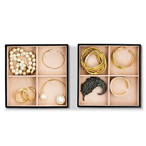 Glenor Co Jewelry Organizer Tray - Set Of 2 - Stackable 8 Square Slot Jewelry Storage Trays - Display On Dresser Or Drawer - Compatible With Other Glenor Trays - Black #TOP1