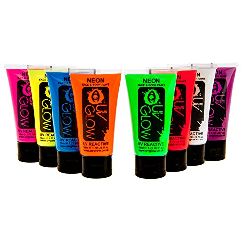 UV Glow Blacklight Face and Body Paint 1.7oz - Set of 8 Tubes - Neon Fluorescent