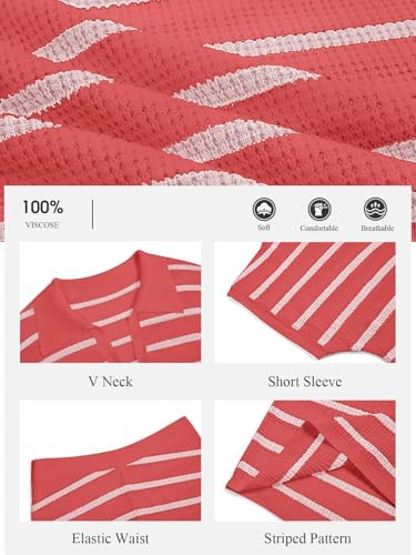 Image of Tankaneo Womens 2 Piece Outfits Striped Knit Summer Sets V Neck Short Sleeve Tops and Shorts Lounge Matching Set