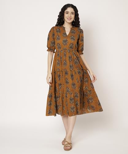 Image of PIDAVLIYA'S Women's Cotton Floral Printed Midi Dress | V-Neck Fit & Flare Dress with Puff Sleeves | Casual Summer Wear