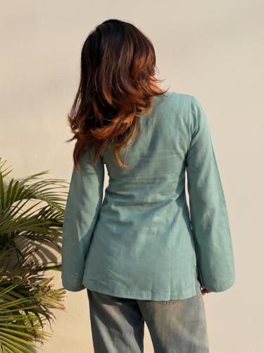Image of ANNI Designer Short Kurti for Women Solid Design | V Neck Full Sleeve Kurti Tops for Women | Stylish Kurtis & Short Kurtis for Woman | Casual Kurti with Jeans | Kurtas for Woman