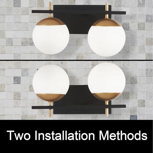 Image of Mid Century 2-Light Bathroom Vanity Light Over Mirror, Black and Gold Modern Bathroom Light Fixtures with Milky White Frosted Glass Globe Shade, Wall Sconces for Bathroom, Stairs, Kitchen