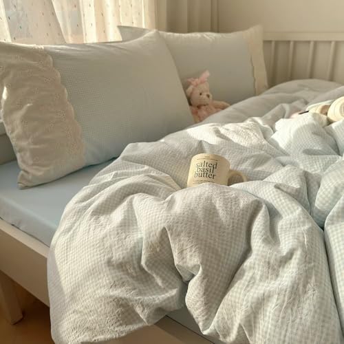 Image of MKXI Blue Gingham Duvet Cover Set King Size - Delicate White Lace Trimmed Soft Washed Microfiber Bedding Set, Vintage Cottagecore Style for Girls & Teens, 3-Piece with Zipper Closure