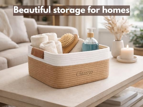 Image of Classyo Cotton Jute Basket for Storage (Pack of 2-12 X 8 X 5 INCH), Jute Storage Basket Ideal for Organization & Gift Hampers | Storage Box Shelf Baskets for Kitchen (Beige and White)