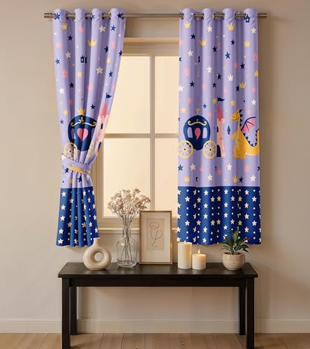 Image of Ultimate Trends Light Filtering Kids Curtain | Fairy, Dragon Castle, Safari & Jungle Animal Prints | for Kids Room Doors and Window | 6 FEET Pack of 2 |Royal Fairytale