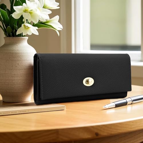 Trifold Waller for Women, PU Leather Ladies Purse Hand Bag with Zipper Coin Pocker/Card Slots/Picture Compartment (Black)2