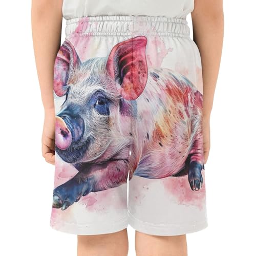 Funny Watercolor Cute Pig Youth Boys Shorts Summer Cute Athletic Shorts Elastic Waist Pj Shorts Kids 7-83