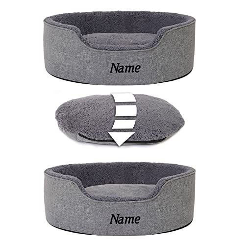 lionto Hundebett mit Wendekissen und waschbarem Bezug, formstabiles Hundekörbchen mit Anti-Rutsch-Noppen, 73x60 cm, kuscheliges Heimtierbett für Hunde und Katzen mit Plüsch, grau (Namensaufdruck)