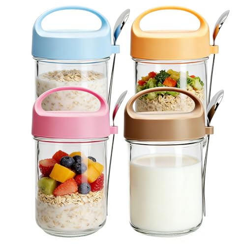 LIUCONGBD Overnight Oats - Juego de 4 tarros de cristal con tapa y cuchara, 410 ml, con tapa de rosca, a prueba de fugas, para desayuno, ensaladas, cereales, leche, gachas y frutas